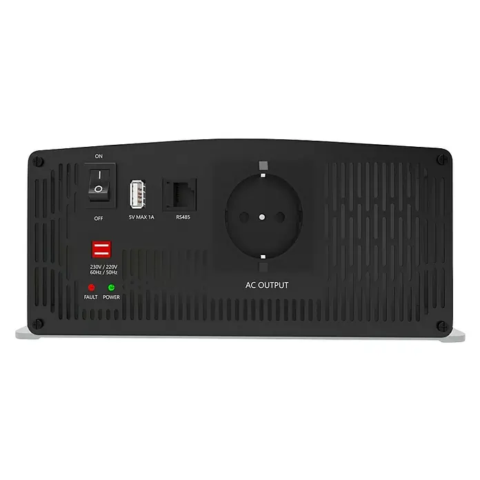 Offgridtec Spannungswandler PSI 12-1500 - Ausgangsspannung: 230 V - Ansicht der Rückseite eines Wechselrichters mit Ein-/Ausschalter, USB-Anschluss, RS485-Anschluss und AC-Ausgang für Stromversorgung.