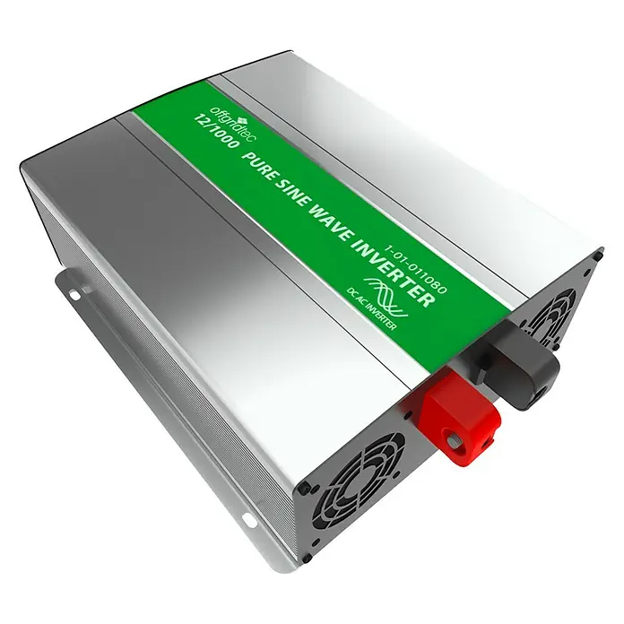 Offgridtec Spannungswandler PSI 12-1500 - Ausgangsspannung: 230 V - Silberner Offgridtec 12/1000 Pure Sine Wave Inverter mit Kühlkörpern und Anschlüssen für Solarstrom.
