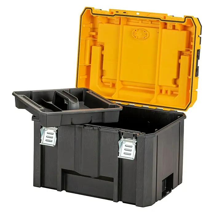DeWalt T-STAK Werkzeugkasten VII IP54 - L x B x H: 33,3 x 44 x 32,3 cm, Kunststoff, Traglast: 30 kg - Offene Werkzeugkiste in Schwarz und Gelb mit herausnehmbarem Einsatz für Werkzeuge und Zubehör. Ideal für Handwerker.