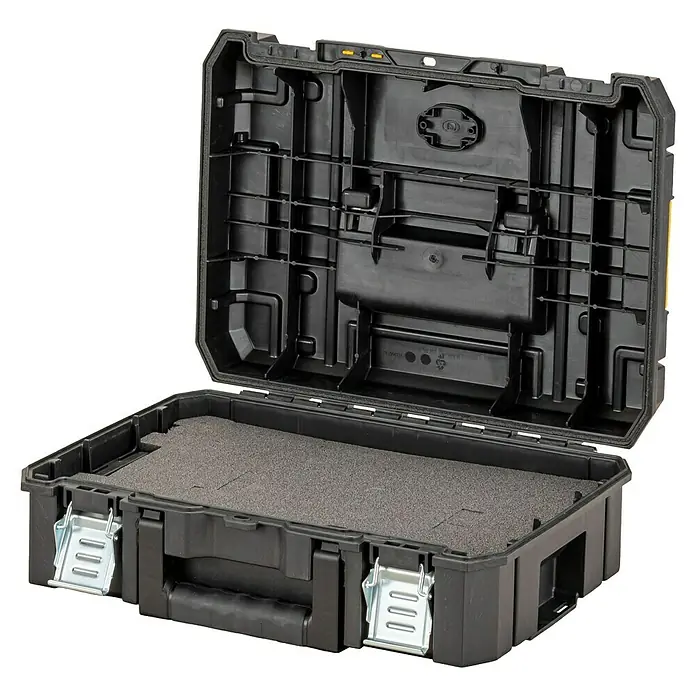 DeWalt Caja para herramientas DWST83345-1 - L x An x Al: 333 x 440 x 162 mm, Plástico - Caja de herramientas negra abierta con cierres metálicos e inserto de espuma, perfecta para guardar herramientas y accesorios de forma segura.