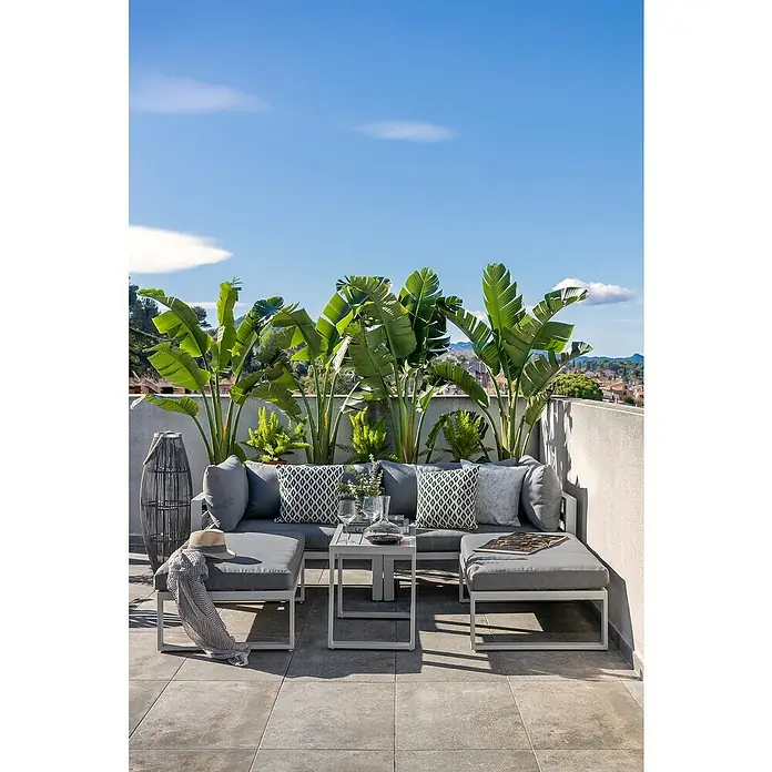 Sunfun Hannah Conjunto de muebles - 5 pzs., Aluminio, Gris - Terraza moderna con muebles de jardín grises, plantas exuberantes y toques elegantes para relajarse al aire libre.