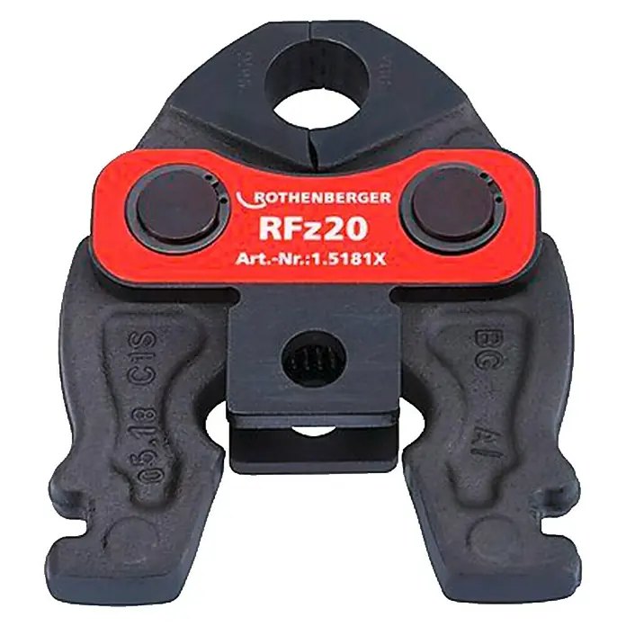 Rothenberger Mordaza de prensado Compact RFz20 - Diámetro: 20 mm, Apto para: Tubos - Primer plano de una mordaza de prensado Rothenberger RFz20. La herramienta es negra y roja, con una apertura para crimpar tubos.