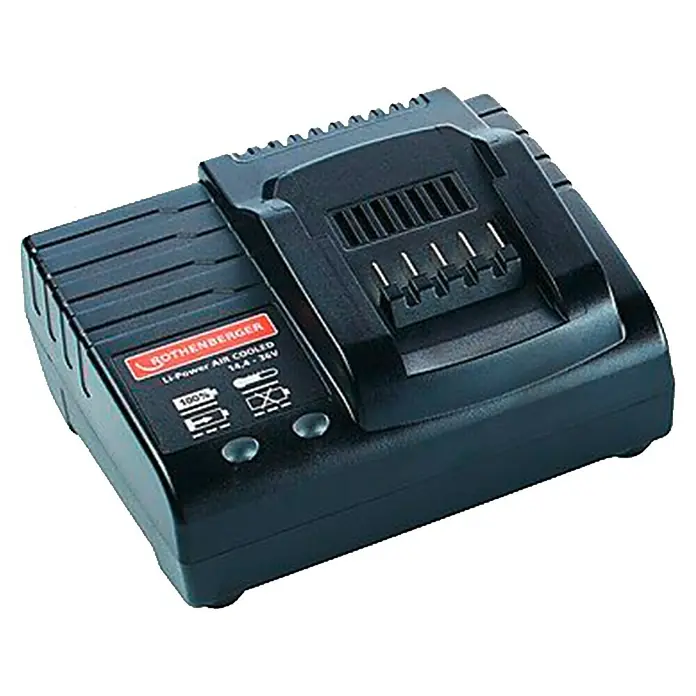 Rothenberger Industrial Cargador de baterías Romax - Específico para: Baterías Rothenberger - Imagen de un cargador de batería Rothenberger Li-Power Air Cooled 14.4-36V, una herramienta crucial para profesionales.
