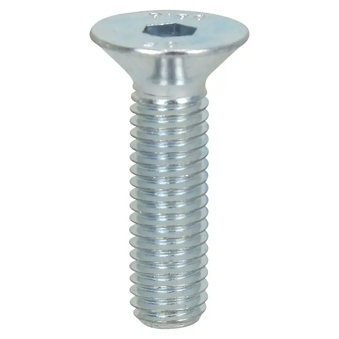 Profi Depot Innensechskant-Schraube - M 6, Länge: 10 mm, 100 Stk., Verzinkt - Detailaufnahme einer Senkkopfschraube mit Innensechskant, ideal für bündige Verbindungen in Holz oder Metall. Das Gewinde sorgt für festen Halt.