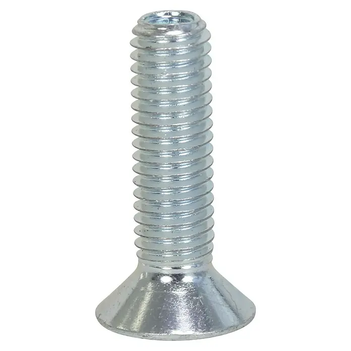 Profi Depot Innensechskant-Schraube - M 6, Länge: 10 mm, 100 Stk., Verzinkt - Nahaufnahme einer glänzenden Senkkopfschraube aus Metall mit Gewinde vor schwarzem Hintergrund.