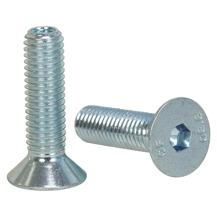 Profi Depot Innensechskant-Schraube - M 6, Länge: 10 mm, 100 Stk., Verzinkt - Zwei Senkkopfschrauben aus Metall im Detail. Ideal für bündige Verbindungen und präzise Befestigungen.