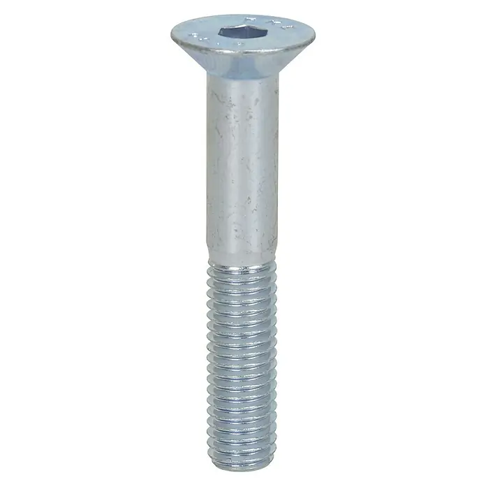 Profi Depot Innensechskant-Schraube - M 10, Länge: 80 mm, 25 Stk., Verzinkt - Eine Nahaufnahme einer Senkkopfschraube, die Details des Schraubenkopfes, des Schafts und des Gewindes zeigt.