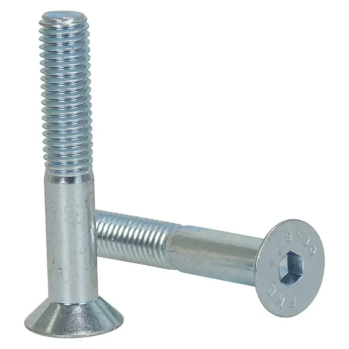 Profi Depot Tornillo de cabeza hueca hexagonal - M 10, Largo: 60 mm, 25 ud., Zincado - Primer plano de dos tornillos avellanados brillantes con hexágono interior, ideales para carpintería y montaje de muebles.