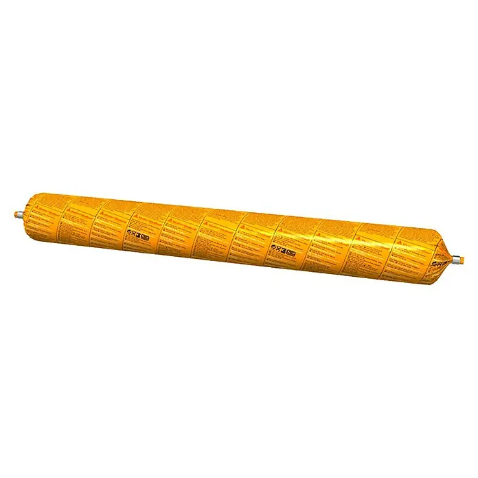 Sika Adhesivo y sellador Sikaflex-11 FC Purform - Gris, 600 ml - Un envase de lámina amarilla que contiene adhesivo para la construcción, ideal para diversos proyectos de construcción.