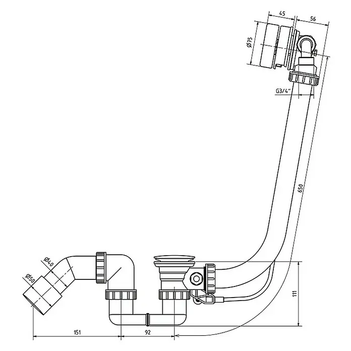 Ottofond Ab- & Überlaufgarnitur - Drehexcenterbetätigung, Kunststoff, ¾″, Körperformbadewannen - Skizze eines Siphon-Systems mit detaillierten Maßen. Geeignet für Waschbecken und Spülen, zeigt Anschlüsse und Rohrlängen.