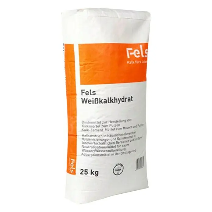 Weißkalkhydrat - 25 kg - Sack Fels Weißkalkhydrat mit orangefarbenem Akzent. Kalkmörtel zum Putzen, Kalk-Zement-Mörtel zum Mauern, 25 kg Sack.
