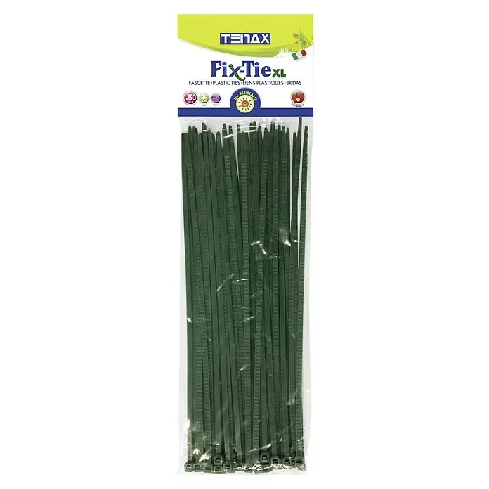 Tenax Set de bridas para cables - Largo: 29 cm, 50 ud., Verde - Un paquete de bridas Tenax Fix-Tie XL en verde, ideal para agrupar y sujetar en el jardín o en el hogar. Resistentes a los rayos UV y duraderas.