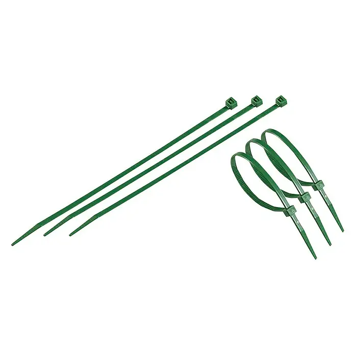Tenax Set de bridas para cables - Largo: 29 cm, 50 ud., Verde - Una imagen en primer plano de bridas de cable verdes, tanto estiradas como dobladas, sobre un fondo negro.