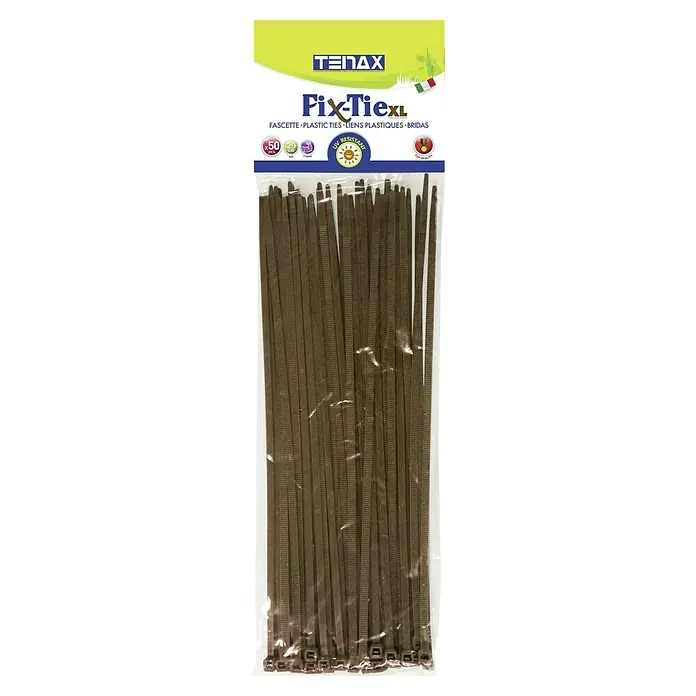 Tenax Set de bridas para cables - Largo: 29 cm, 50 ud., Marrón - Un paquete de bridas Tenax Fix-Tie XL, marrones, resistentes a los rayos UV, ideales para sujetar cables y otros objetos en exteriores.