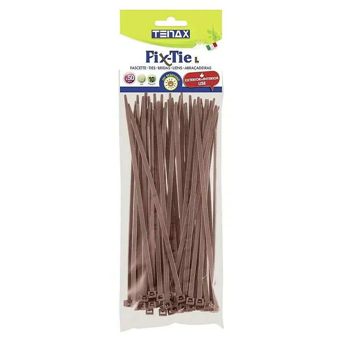 Tenax Set de bridas para cables - Largo: 20 cm, 50 ud., Marrón - Un paquete de bridas Tenax Fix-Tie L, que contiene 50 unidades, cada una de 20 cm de largo, resistentes a los rayos UV y aptas para uso interior y exterior.