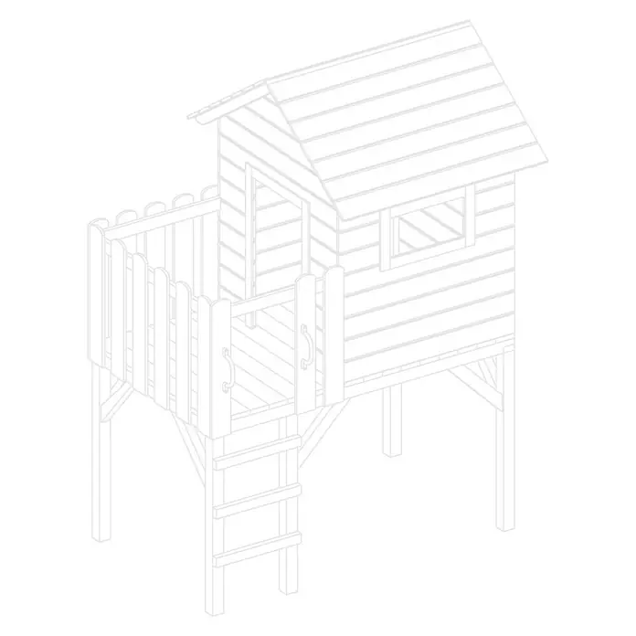 Kinderspielturm Lasse - L x B x H: 150 x 200 x 275 cm, Natur - Illustration eines Baumhauses aus Holz mit Leiter, Geländer und überdachtem Haus.