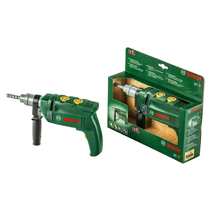 Klein Bosch Kinder-Bohrmaschine - Licht- & Toneffekte - Spielzeug-Akkuschrauber der Marke Bosch Mini, bestehend aus dem Schrauber und der Originalverpackung.