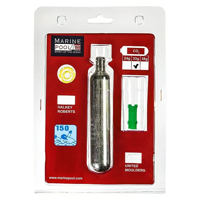 Marinepool Austausch-Set Halkey Roberts Automatik 33 g - Passend für: 150N Rettungswesten - Marine Pool CO2-Patrone für Rettungswesten, mit 24g, 33g und 38g Optionen, inklusive Halkey Roberts Auslösemechanismus und weiterem Zubehör.
