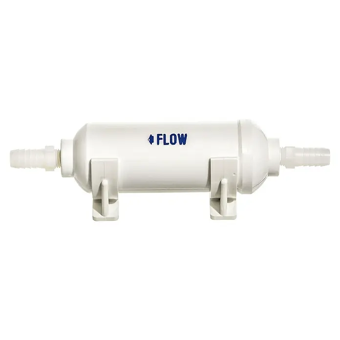 Yachticon Wasserfilter Inline - Geeignet für Anschlussleitung: 13 mm, Max. Fördermenge: 9 l/min - Abbildung eines weißen Wasserfilters mit der Aufschrift "Flow", der für die Wasserreinigung verwendet wird.