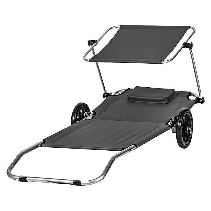 Campingliege - Castor Grey, Polyester, Rollbar - Transportwagen mit Sonnendach. Dieser Wagen ist ideal für den Strand oder zum Transport von Sachen im Freien.