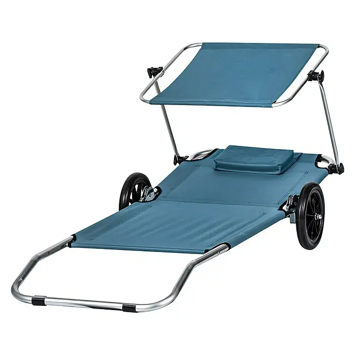 Campingliege - Ombre Blue, Polyester, Rollbar - Ein blauer, fahrbarer Strandkorb mit Sonnenschutzdach für entspanntes Sonnenbaden und einfachen Transport am Strand.