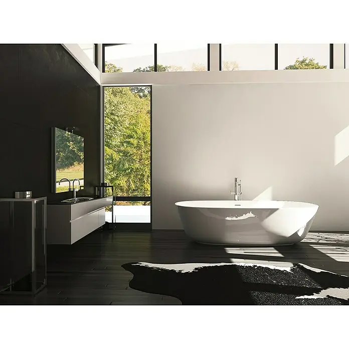 A.S. Création New Life Vliestapete - Weiß, Uni, 10,05 x 0,53 m - Helles Badezimmer mit freistehender Badewanne und großen Fenstern. Minimalistisches Design für entspannende Momente.