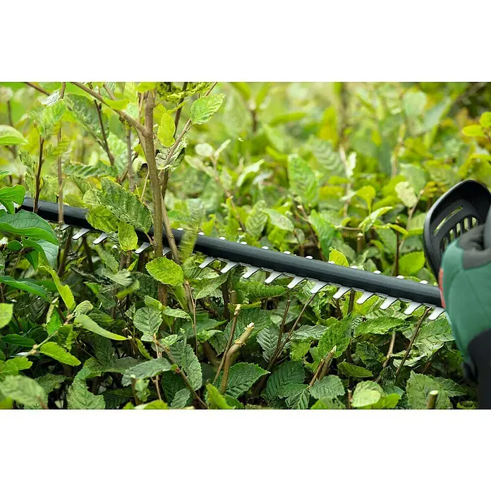 Bosch Power for All 18V Akku-Heckenschere UniversalHedgeCut 18V-55 - 18 V, Li-Ionen, 1 Akku, Schnittlänge: 50 cm - Nahaufnahme einer Heckenschere beim Schneiden einer grünen Hecke, die Präzision und Leistungsfähigkeit des Gartengeräts hervorhebt.