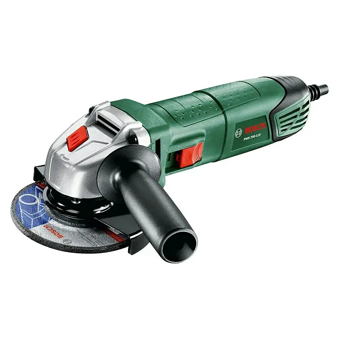 Bosch Amoladora angular eléctrica PWS 700-115 - 700 W, Diámetro disco: 115 mm, Número de revoluciones de marcha en vacío: 12.000 r.p.m. - Una amoladora angular verde Bosch PWS 700-115 con mango lateral negro y disco de amolar azul.