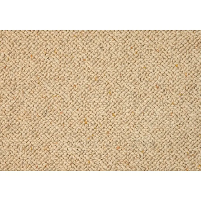 Teppichboden Meterware Arno - Breite: 400 cm, Schlinge, 100 % Wolle (Flor), Creme - Detailaufnahme eines beigen Teppichs mit feiner Textur, ideal für gemütliche Innenräume und warme Fußböden.