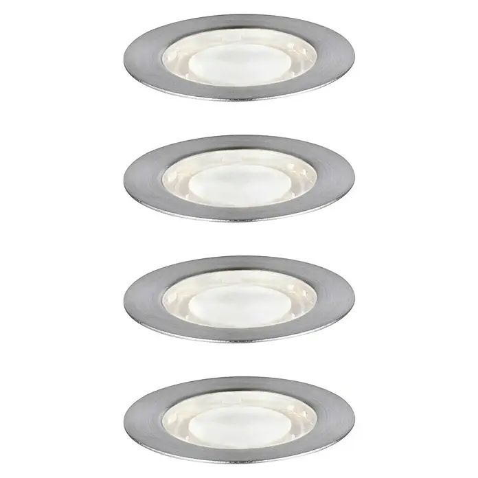 Paulmann Bodeneinbauleuchten-Basis-Set Link & Light - 0,8 W, Silber, IP67 - Nahaufnahme von vier runden, silbernen Einbauleuchten mit hellem Licht.
