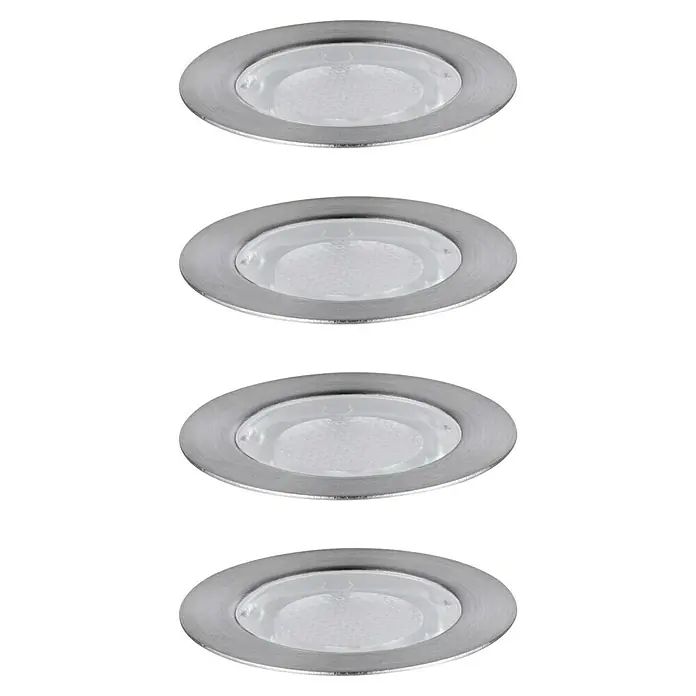 Paulmann Bodeneinbauleuchten-Basis-Set Link & Light - 0,8 W, Silber, IP67 - Nahaufnahme von vier runden LED-Einbaustrahlern mit gebürstetem Metalleffekt und hellem, diffusem Licht für den Innenbereich.