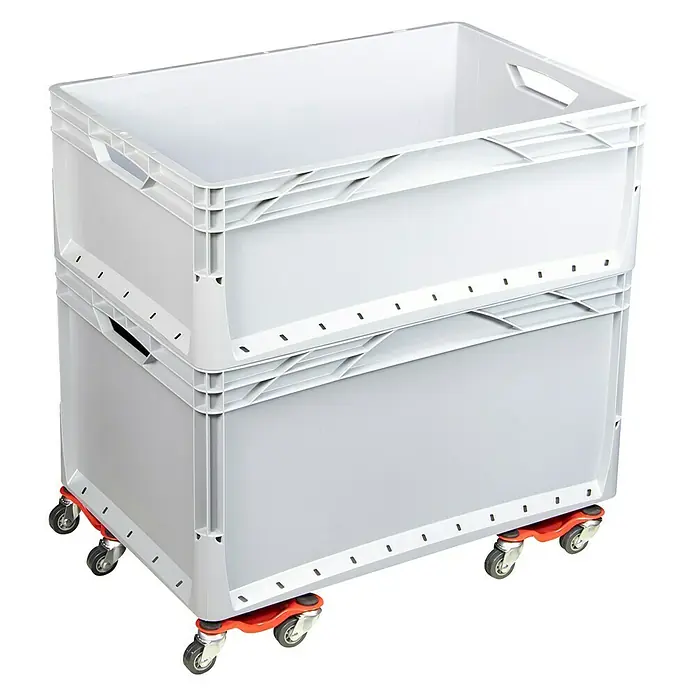 Wagner System Transportroller MM 1193 - L x B x H: 160 x 160 x 60 mm, Traglast: 60 kg, Stahl - Zwei graue Kunststoffboxen übereinander gestapelt, die auf roten Rollen stehen, ideal für Lagerung und Transport.