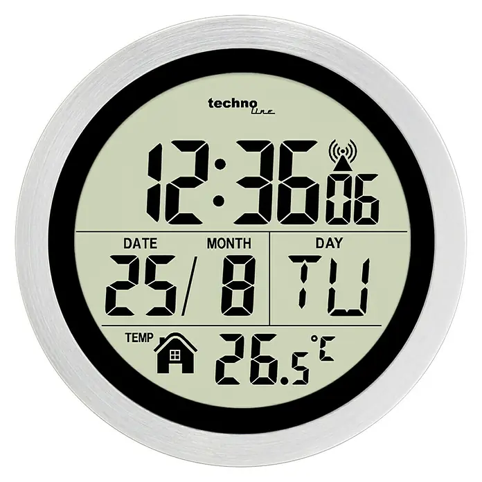 Technoline Wanduhr rund WT 3005 - Silber/Schwarz, Durchmesser: 14,7 cm - Das digitale Thermometer von Techno Line zeigt die Uhrzeit, das Datum, die Temperatur und den Wochentag auf einem übersichtlichen Display an.