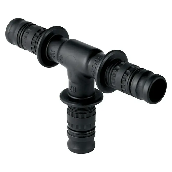 Geberit Mepla Press-T-Stück 623.310.00.5 - Durchmesser: 26 mm - Abbildung eines schwarzen Geberit Mapress T-Stückes aus Kunststoff, das für die Verbindung von Sanitär- und Heizungssystemen verwendet wird.