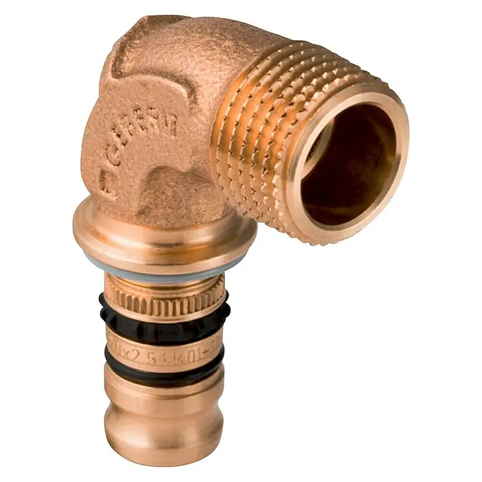 Geberit Mepla Press-Übergangswinkel 601.252.00.5 - Durchmesser: 16 mm, Außengewinde: ½″ - Das Bild zeigt ein Geberit Mapress Übergangs-Winkelstück aus Kupfer, das für Sanitärinstallationen geeignet ist.