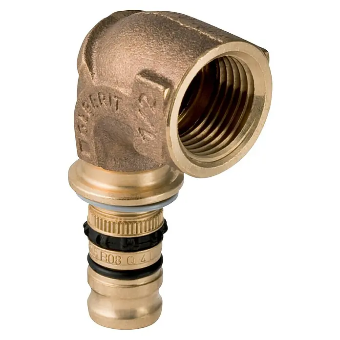 Geberit Mepla Press-Übergangswinkel 602.256.00.5 - Durchmesser: 20 mm, Innengewinde: ½″ - Ein Messing-Winkelverbinder mit Innengewinde und Anschluss für ein Rohrsystem. Ideal für Sanitärinstallationen und Heizungstechnik.