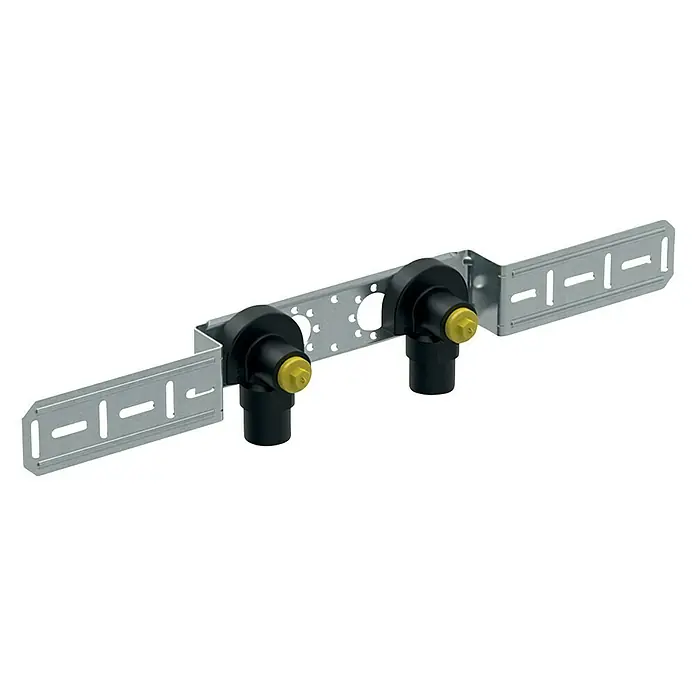Geberit Mepla Montageeinheit 601.781.00.5 - Durchmesser: 16 mm, Innengewinde: ½″ - Das Bild zeigt eine Sanitärinstallation mit zwei schwarzen Anschlüssen und gelben Ventilen, montiert auf einer silbernen Halterung.