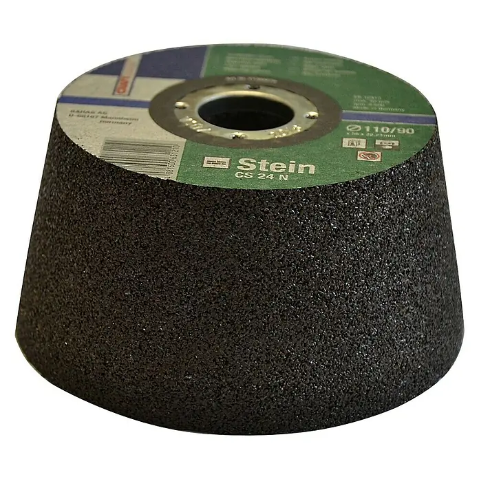 Dronco Taza de desbaste CS24N - Diámetro: 110 mm, Piedra - Imagen de una muela cónica Stein CS 24 N, ideal para trabajos de amolado. Duradera y robusta para aplicaciones profesionales.