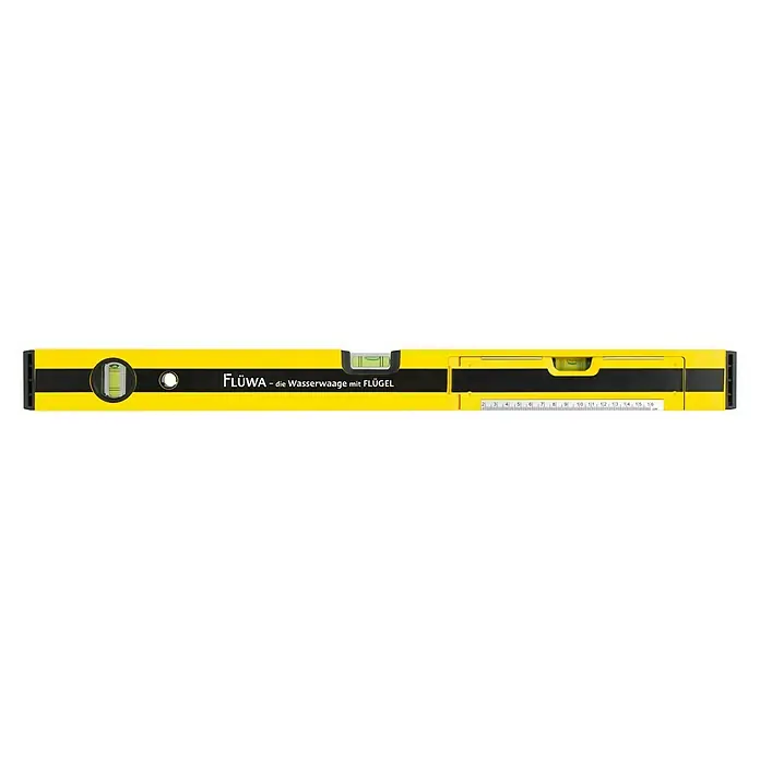 Flüwa Wasserwaage - Länge: 60 cm, Gelb/Schwarz, 16-cm-Lineal - Gelbe FLÜWA Wasserwaage mit schwarzen Streifen und integrierter Messskala für präzises Nivellieren und Messen.