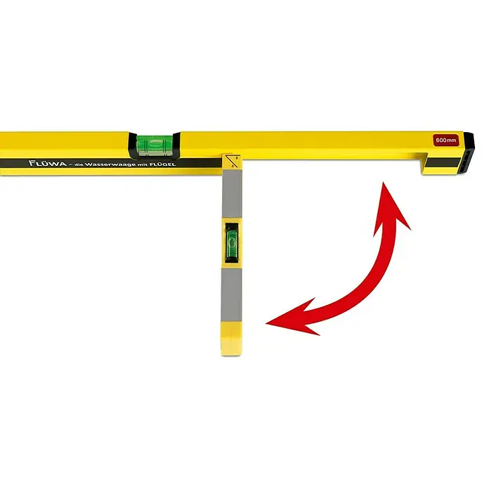 Flüwa Wasserwaage - Länge: 60 cm, Gelb/Schwarz, 16-cm-Lineal - Abbildung einer gelben Fluwa Wasserwaage mit Flügel, die die Flexibilität und Anpassungsfähigkeit des Werkzeugs hervorhebt.