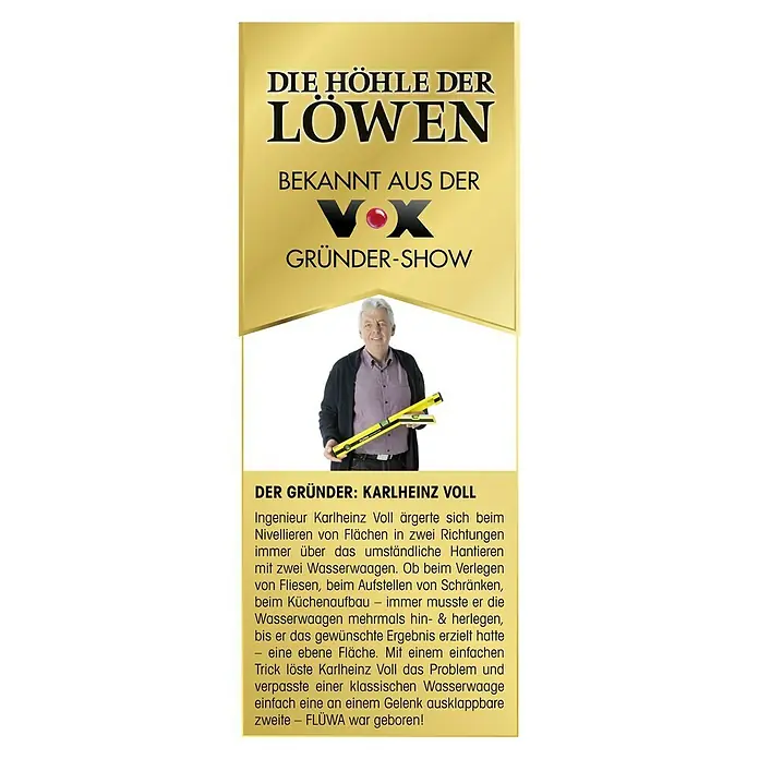 Flüwa Wasserwaage - Länge: 60 cm, Gelb/Schwarz, 16-cm-Lineal - Das Bild zeigt eine Werbung für FLÜWA, eine innovative Wasserwaage, bekannt aus der TV-Show "Die Höhle der Löwen" auf VOX.