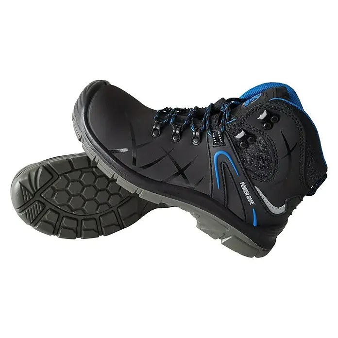 Power Safe Sicherheitshalbschuh Tom - Schuhgröße: 41, S3 - Ein Paar schwarze Power Safe Sicherheitsschuhe mit blauen Akzenten, die robust und sicher sind. Ideal für Arbeitsplätze, die Schutz erfordern.