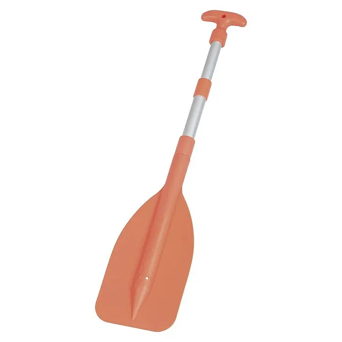 Stechpaddel - Verstellbar: 57 cm - 107 cm, Material Schaft: Aluminium, Material Blatt: Kunststoff - Nahaufnahme eines orangefarbenen Paddels mit silberfarbenem Schaft und T-Griff, das sich ideal für Kajak- oder Kanufahrten eignet.