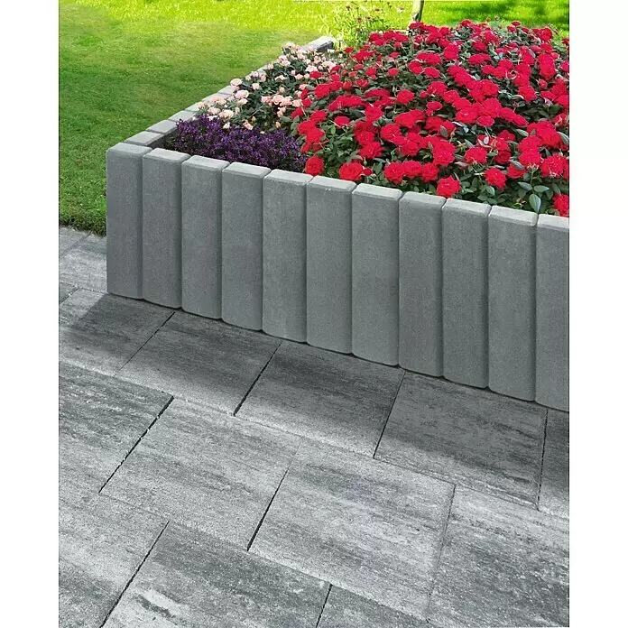 Diephaus Rechteckpalisade - 16,5 x 12 x 150 cm, Grau, Beton - Graue Beton-Beeteinfassung rahmt ein Hochbeet mit roten und rosa Blumen ein, neben passenden Pflastersteinen.