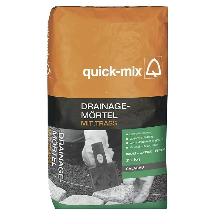 Quick-Mix Drainagemörtel - 25 kg - Bild eines Sackes Quick-Mix Drainage-Mörtel mit Trass, ideal für Garten- und Landschaftsbau, 25 kg.