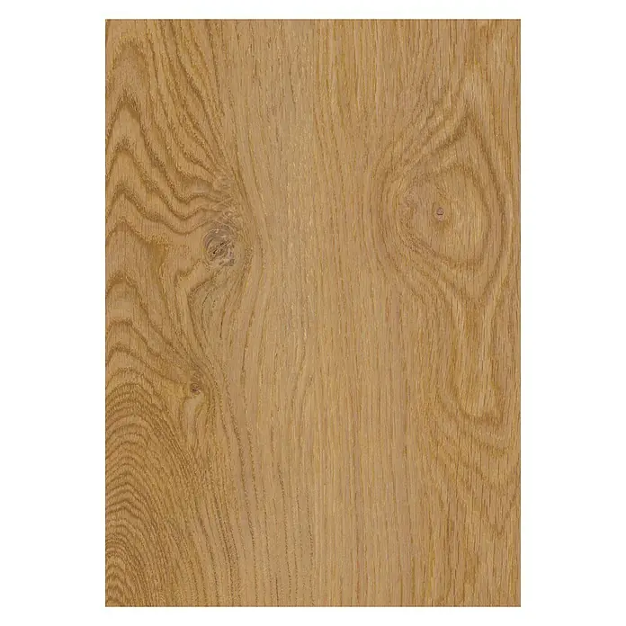 Corklife Freestyle Korkboden - Oak Natur, Landhausdiele, 1.220 x 185 x 8,5 mm - Das Bild zeigt eine Nahaufnahme einer Holzoberfläche mit einer deutlichen Maserung und Astlöchern. Das Holz hat eine warme, goldene Farbe.