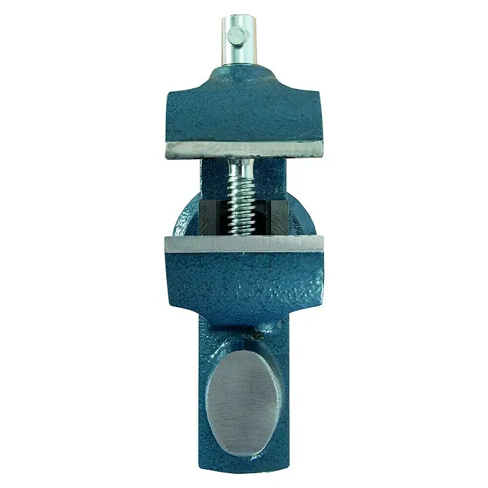 Wisent Tisch-Schraubstock - L x B x H: 157 x 72 x 186 mm, Spannweite: 60 mm, Blau - Nahaufnahme eines blauen Schraubstocks mit silberfarbenen Elementen, der ein robustes Werkzeug für präzise Arbeiten darstellt.