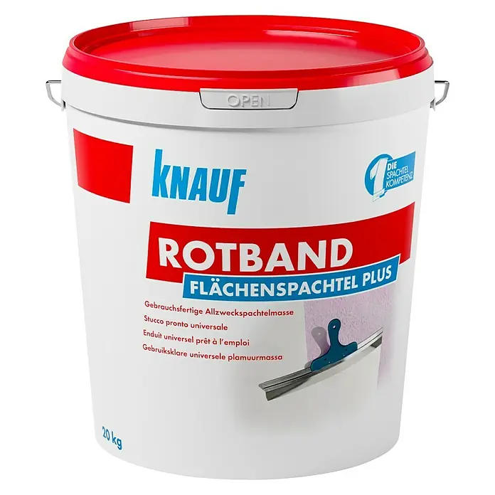 Knauf Rotband Flächenspachtel Plus - 20 kg - Ein Eimer Knauf Rotband Flächenspachtel Plus, gebrauchsfertige Allzweckspachtelmasse für glatte Oberflächen.
