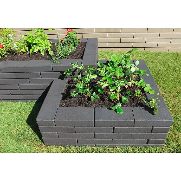 Christoph Mauerstein C-Line Block - 30 x 15 x 7,5 cm, Anthrazit, Beton - Pflanzkästen aus grauen Pflanzsteinen mit Erdbeeren und Kräutern auf dem Rasen für den Garten.