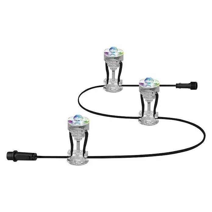 Ledvance Smart+ LED-Panel Gardenspot Mini RGBW 3ST - Dimmbarkeit: Dimmbar, Durchmesser: 23 mm, Leuchtmittel: LED, IP65, II - Ein Set mit drei LED-Gartenleuchten, die mit einem Kabel verbunden sind, um eine stimmungsvolle Beleuchtung im Außenbereich zu schaffen.